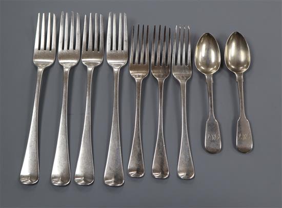 Old English pattern silver - 4 table forks, 3 dessert forks, and 2 fiddle pattern dessert spoons 13.5 oz.